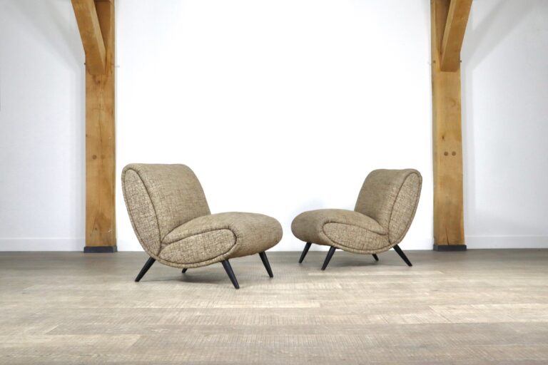 Pair of Norman Bel Geddes armchairs in birch wood & original wool fabric, 1950s