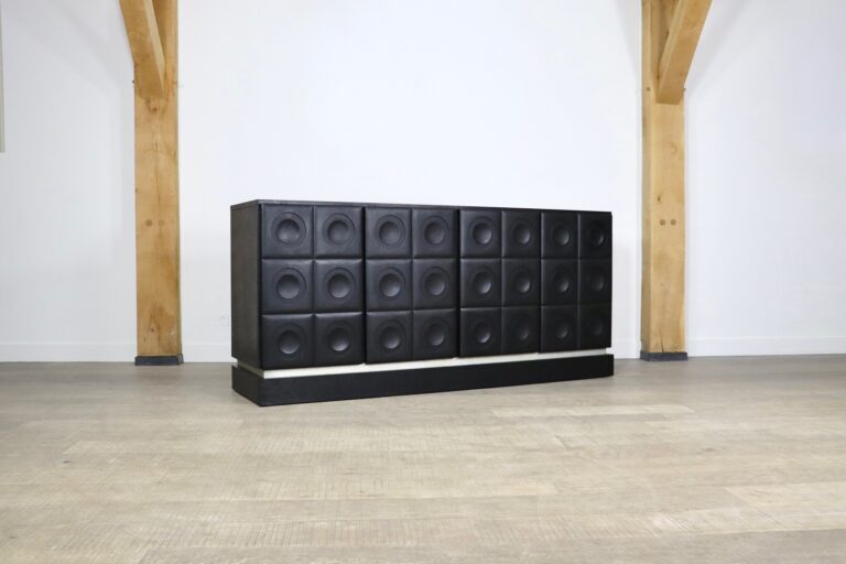 Midcentury modern Brutalist sideboard in black carved wood and chrome, Belgium, 1970s