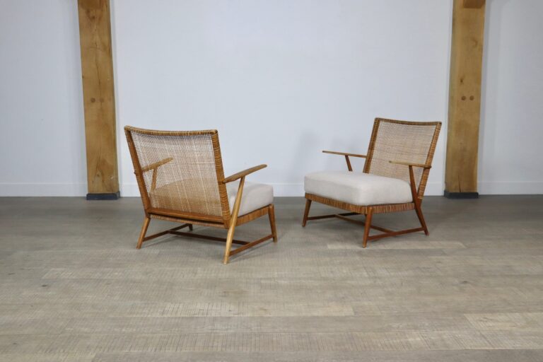 Pair of Midcentury lounge chairs in oak and cane, Germany, 1950s