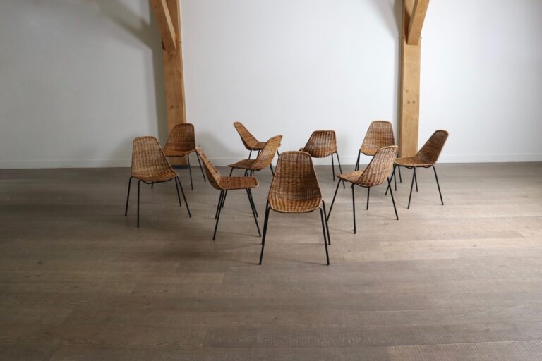 Basket Dining Chairs in rattan by Gian Franco Legler 1950s, set of 10