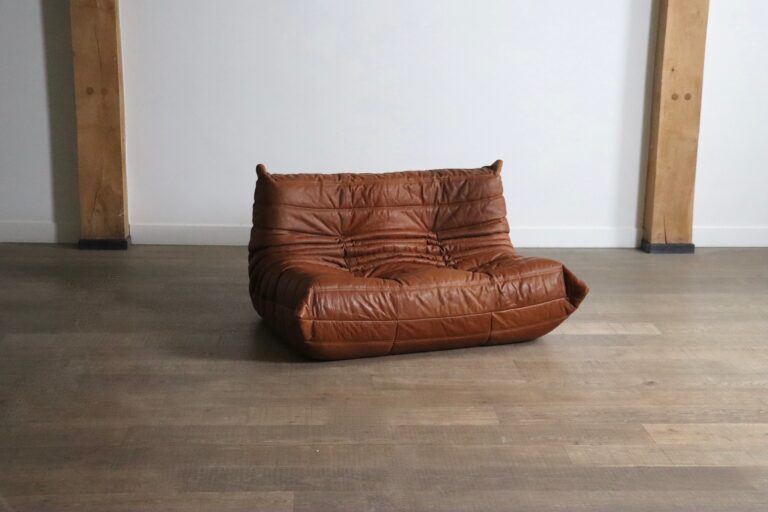 Original Ligne Roset Togo two seater sofa in cognac leather by Michel Ducaroy, 1980s