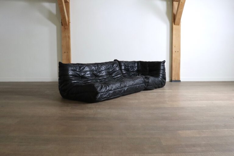 Ligne Roset Togo Sofa Set in Black Leather by Michel Ducaroy, Original 1988