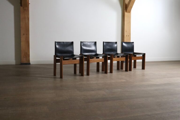 Set Of 4 Monk Dining Chairs in black leather By Afra And Tobia Scarpa For Molteni Italy 1974