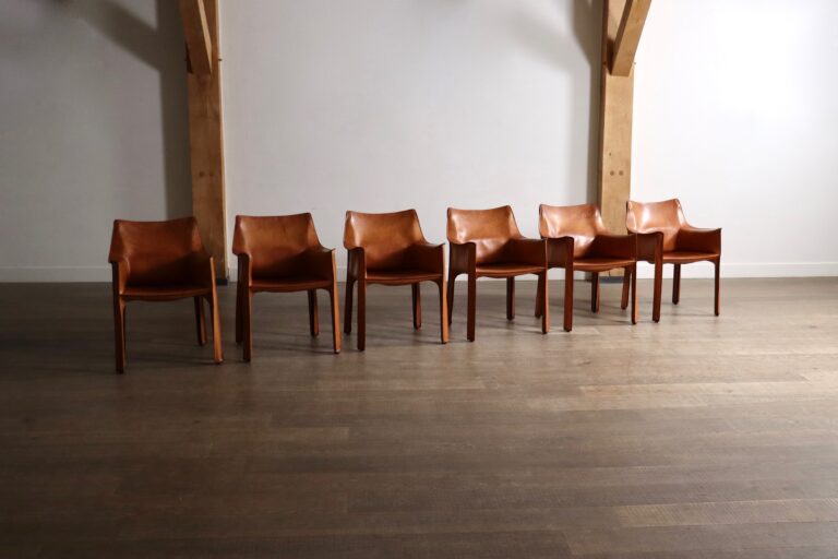 Set of 6 Cassina CAB Dining Chairs with Armrests in Cognac Leather by Mario Bellini, Italy 1970s