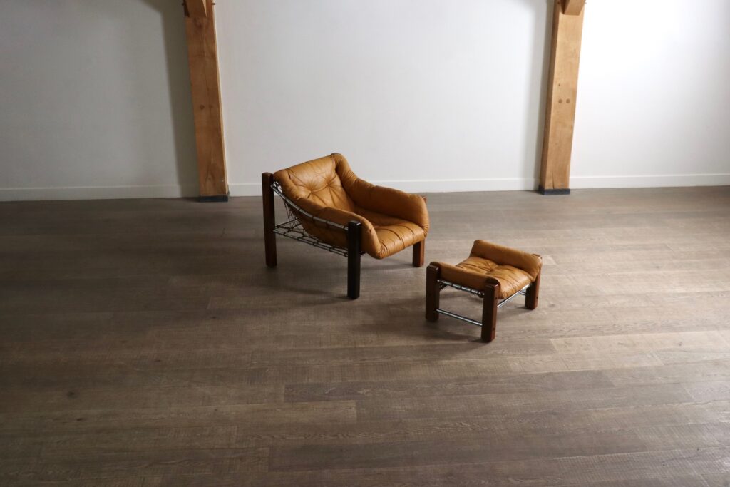 Rare Amazonas Lounge Chair with ottoman in Cognac Leather by Jean Gillon Brazil 1960s