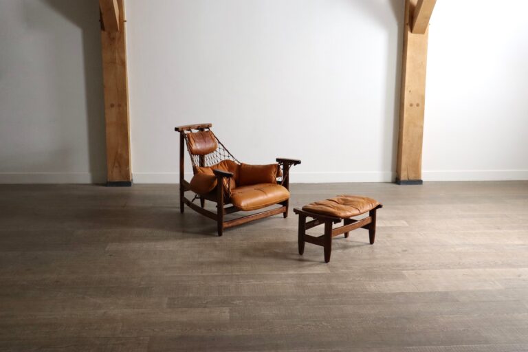 Jangada Lounge Chair with ottoman in Cognac Leather by Jean Gillon Brazil 1960s
