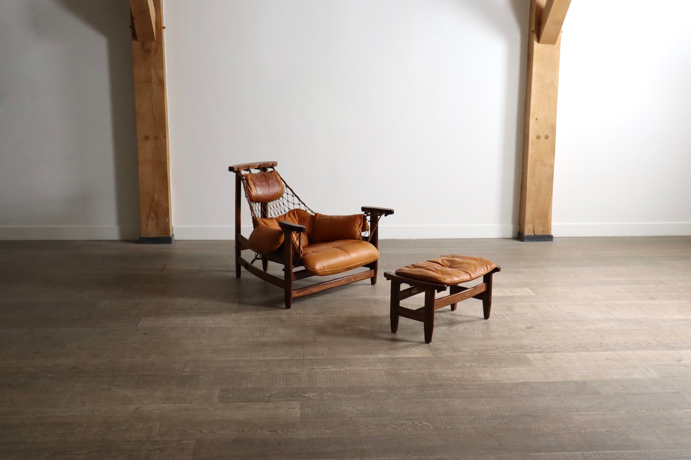 Jangada Lounge Chair with ottoman in Cognac Leather by Jean Gillon Brazil 1960s