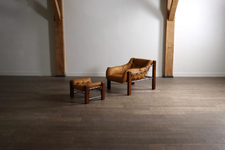 Rare Amazonas Lounge Chair with ottoman in Cognac Leather by Jean Gillon Brazil 1960s
