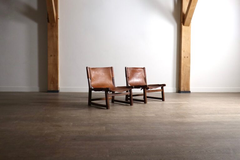 pair of Riaza chairs in cognac leather by Paco Muñoz for Darro Gallery, Spain, 1960s.
