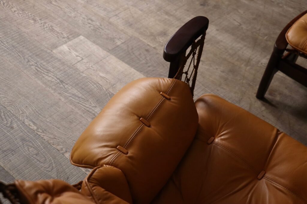 Jangada Lounge Chair with ottoman in Cognac Leather by Jean Gillon Brazil 1960s