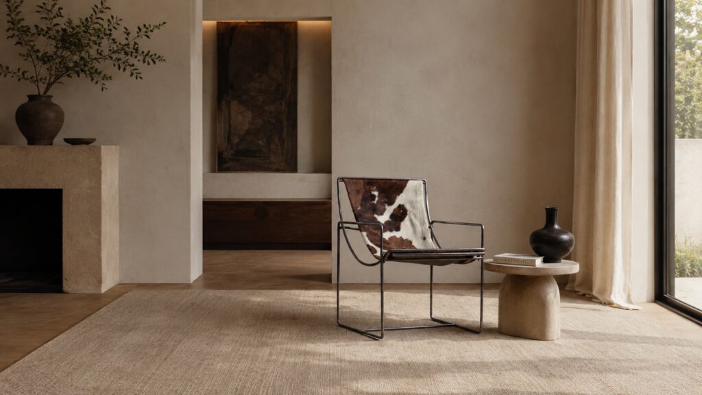 Sculptural French lounge chair by Odile Mir with sleek chrome structure and cowskin seat.
