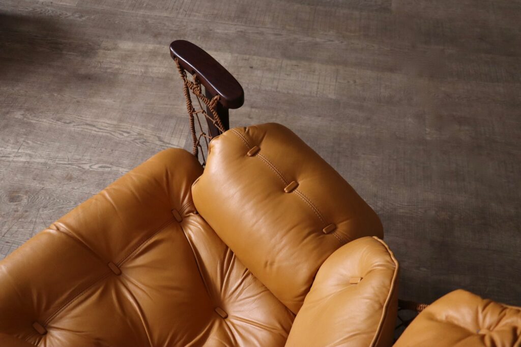 Jangada Lounge Chair with ottoman in Cognac Leather by Jean Gillon Brazil 1960s