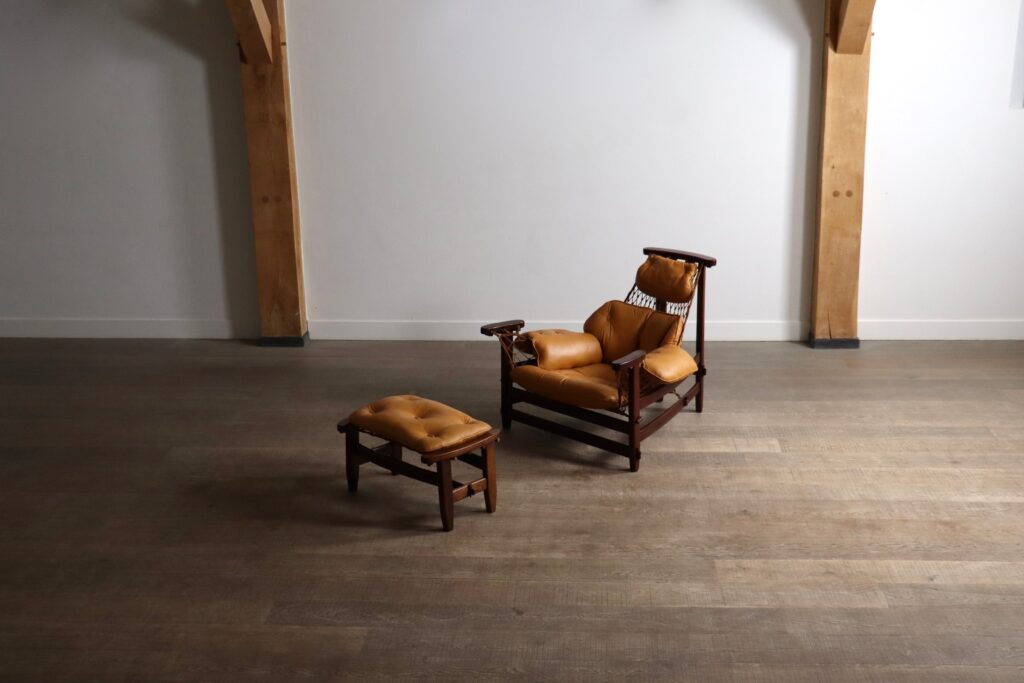 Jangada Lounge Chair with ottoman in Cognac Leather by Jean Gillon Brazil 1960s