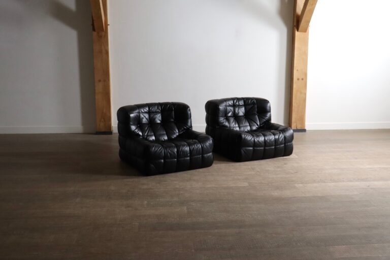 Kashima Lounge chairs in black leather by Michel Ducaroy for Ligne Roset, 1970s