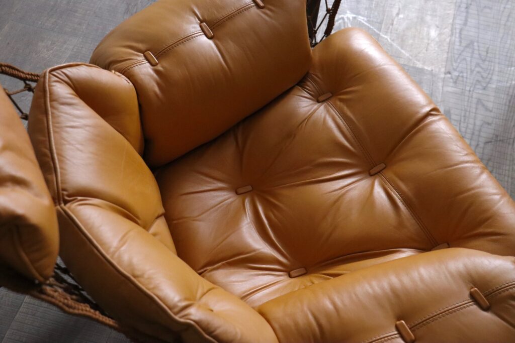 Jangada Lounge Chair with ottoman in Cognac Leather by Jean Gillon Brazil 1960s