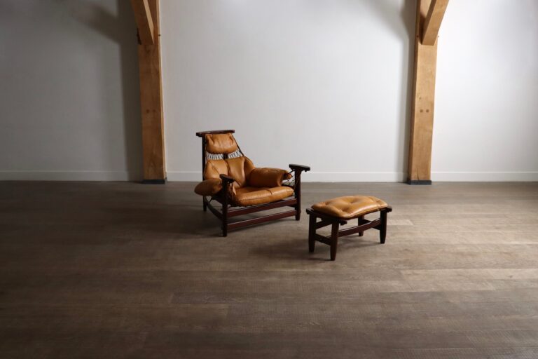 Jangada Lounge Chair with ottoman in Cognac Leather by Jean Gillon Brazil 1960s