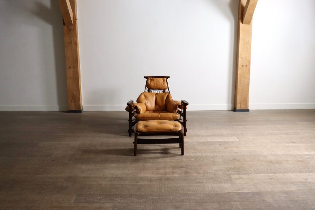 Jangada Lounge Chair with ottoman in Cognac Leather by Jean Gillon Brazil 1960s