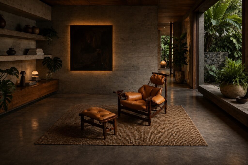 Jangada Lounge Chair with ottoman in Cognac Leather by Jean Gillon Brazil 1960s
