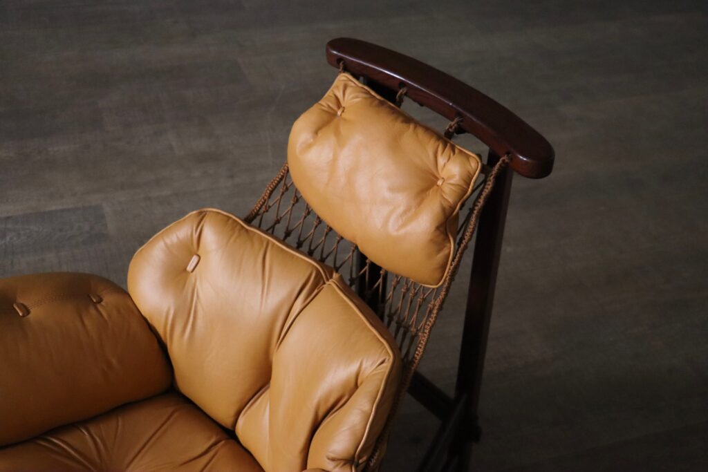 Jangada Lounge Chair with ottoman in Cognac Leather by Jean Gillon Brazil 1960s