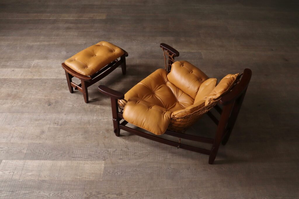 Jangada Lounge Chair with ottoman in Cognac Leather by Jean Gillon Brazil 1960s