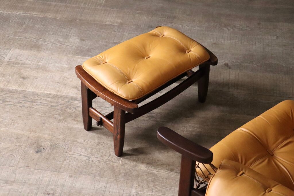 Jangada Lounge Chair with ottoman in Cognac Leather by Jean Gillon Brazil 1960s