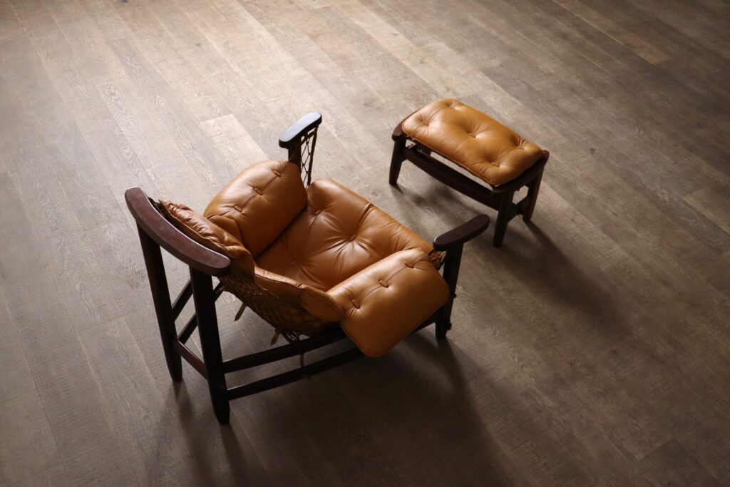 Jangada Lounge Chair with ottoman in Cognac Leather by Jean Gillon Brazil 1960s