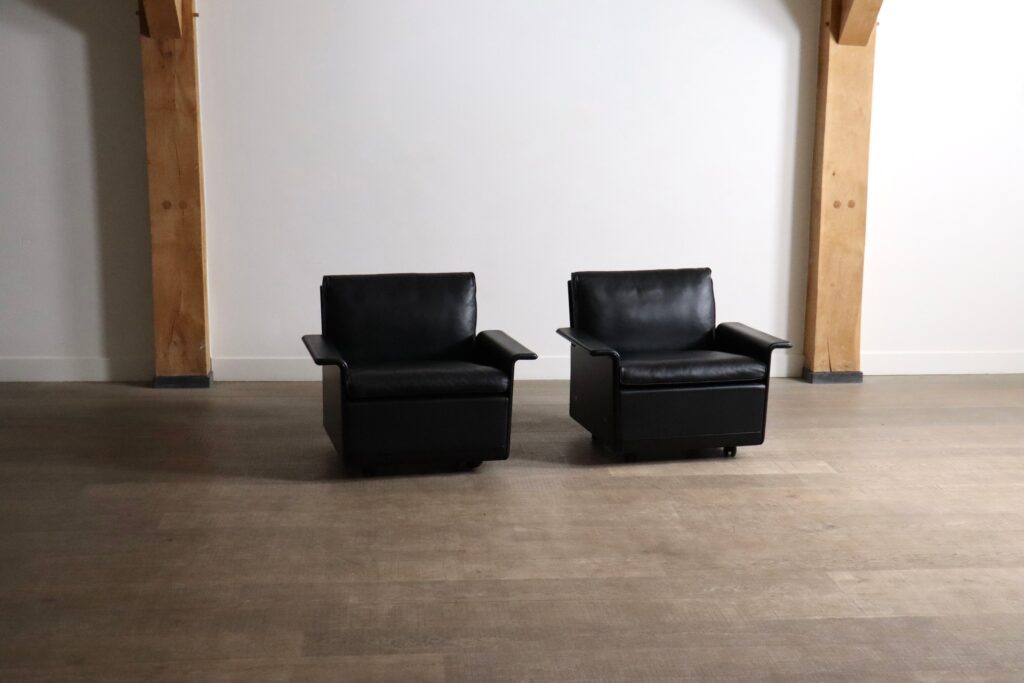 Black leather Model 620 chairs from the Dieter Rams 620 Chair Programme