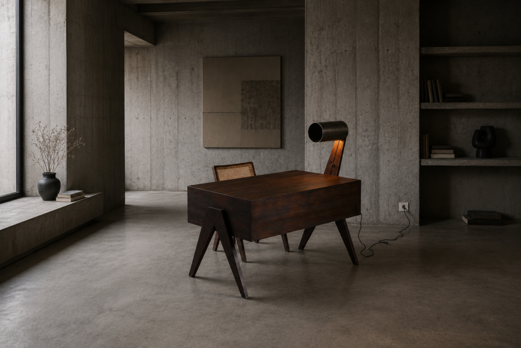 Vintage Chandigarh desk with built-in lighting and tapered legs