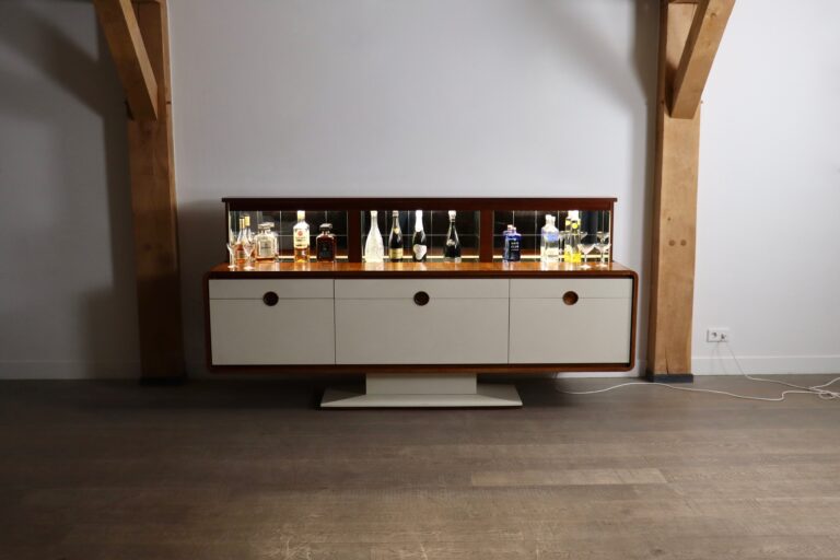 Illuminated cocktail bar interior of the German Bariomat sideboard from the 1960s