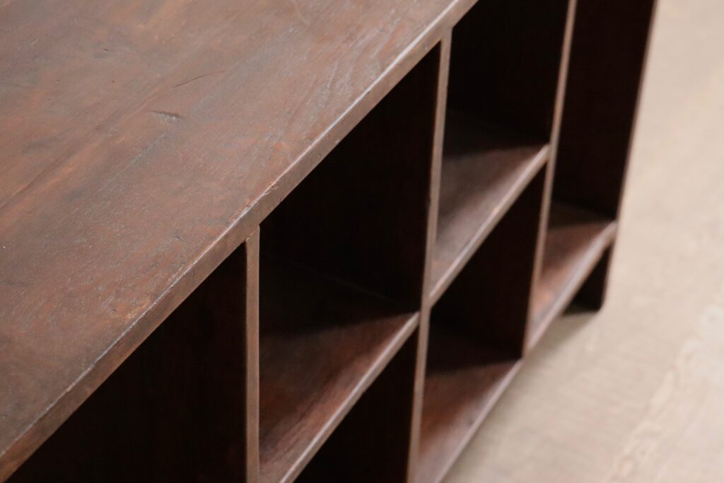 Six pigeonhole compartments of a Pierre Jeanneret Chandigarh bookcase