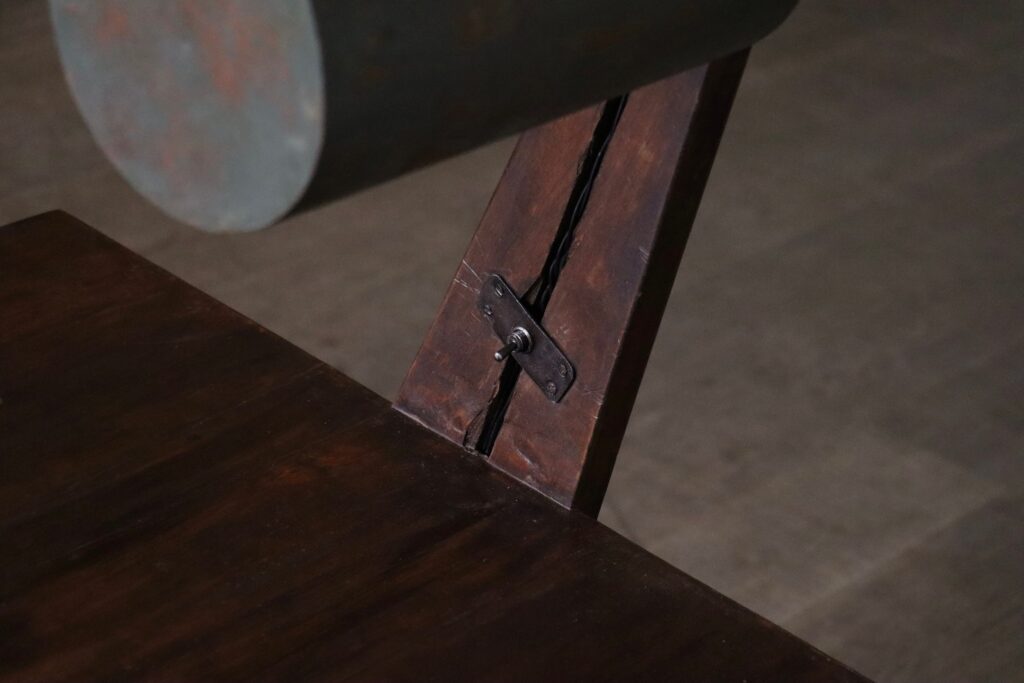 Chandigarh desk with integrated lamp and sculptural wooden frame