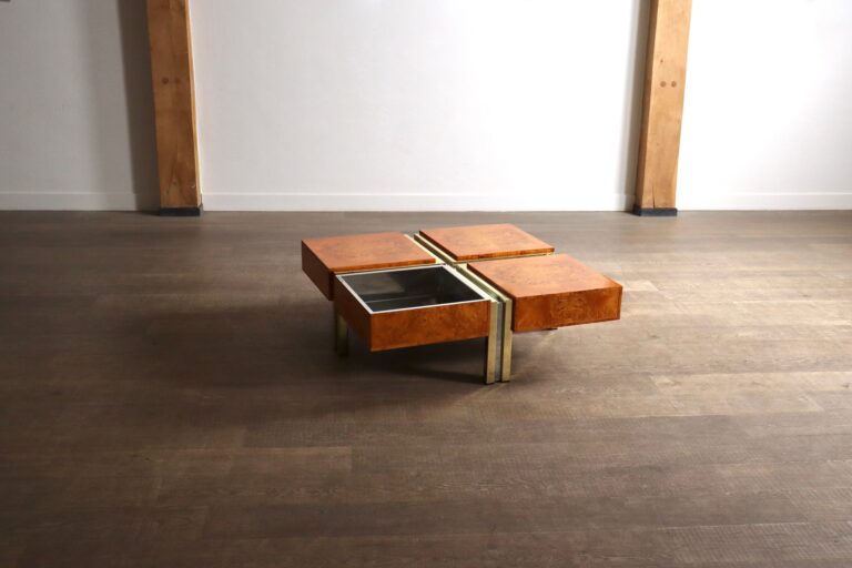 Vintage Coffee Table in walnut Burlwood, Chrome and Brass, Italy 1970s